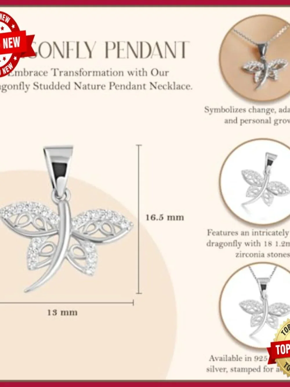 Sterling Silver Dragonfly CZ Pendant Necklace 16-22in